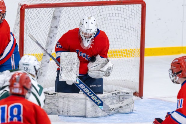 Tewksbury goaltender Cole Abruzzi (19) blocks a shot in a game earlier this season. (James Thomas for the Lowell Sun)