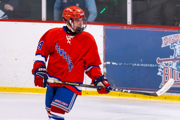 Tewksbury defenseman Richard Pacheco (24) celebrates after scoring a goal in a game earlier this season. (James Thomas for the Lowell Sun)