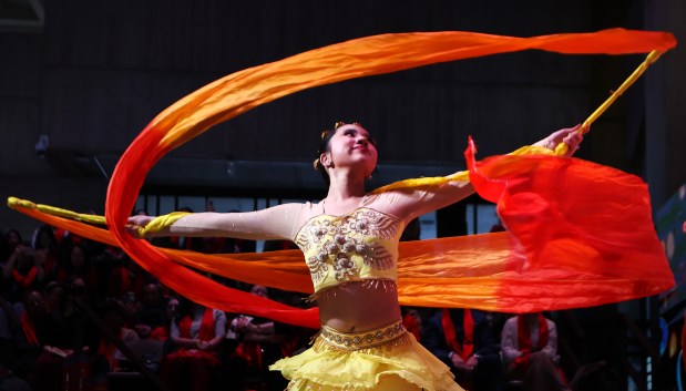 Helen Hu performs Golden Mirage during Lunar New Year celebration at City Hall. (Nancy Lane/Boston Herald)
