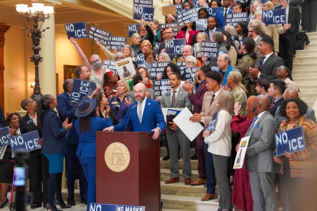 Georgia state Sen. Josh McLaurin, D-Sandy Springs, speaks during a news conference