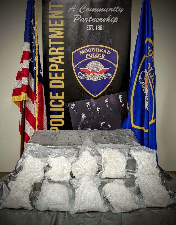 Police in Moorhead, Minn., display nearly 10 pounds of highly pure methamphetamine that investigators say they seized from the apartment of Cory Allen McKay on June 12, 2024. (Moorhead Police Department via AP)