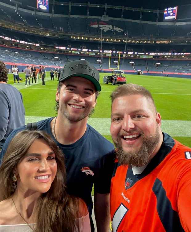 Brian Babz (right) pictured with Broncos QB Jarrett Stidham and his wife, Kennedy. Babz and Stidham share a friendship dating back to the quarterback's time in New England. (Contributed/Brian Babz)