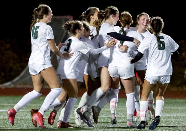 Marshfield girls celebrate their only goal during the first half of a 4-1 state tournament loss to Milton. (Mark Stockwell/Boston Herald)