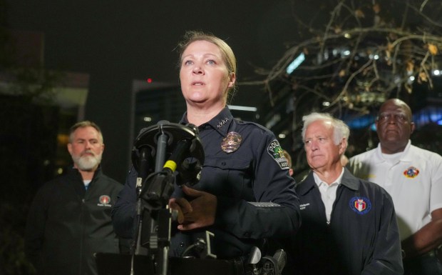 Austin Police Chief Lisa Davis provides a briefing after a shooting, Sunday near West Sixth Street and Nueces in downtown Austin, Texas. (Ricardo B. Brazziell/Austin American-Statesman via AP)