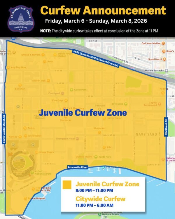 A photo illustration of a juvenile curfew zone in D.C.'s Navy Yard for Friday March 6 through Sunday March 8.