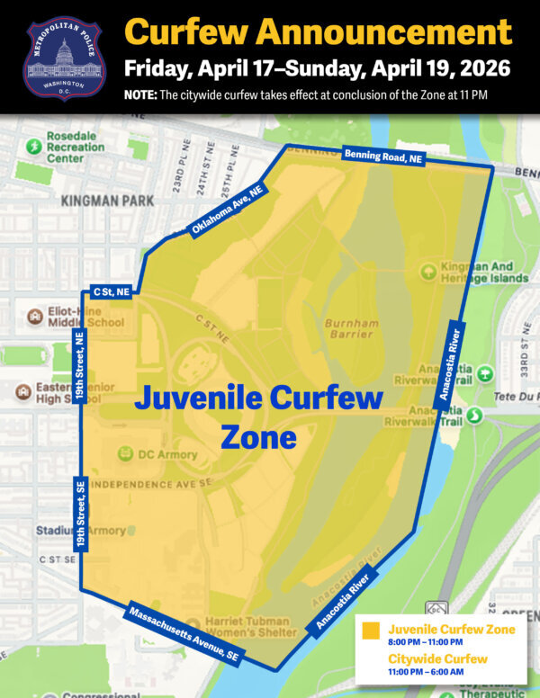 A photo illustration of a juvenile curfew zone in RFK for Friday April 17 through Sunday March 19.
