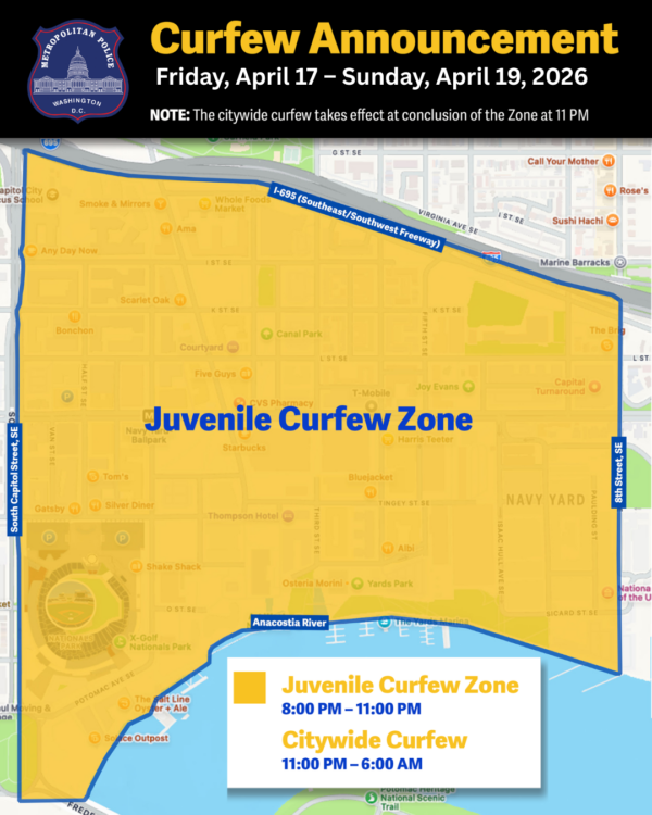 A photo illustration of a juvenile curfew zone in D.C.'s Navy Yard for Friday April 17 through Sunday March 19.