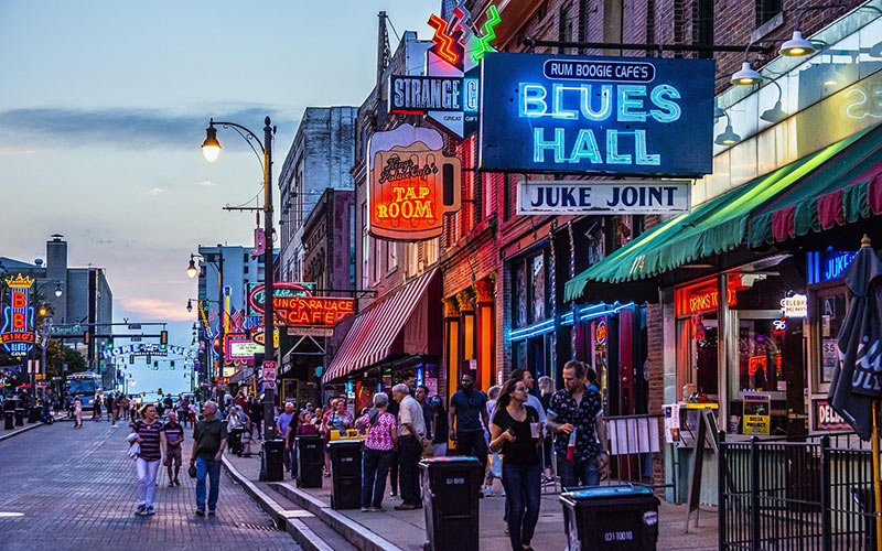 Beale Street in Memphis, USA, bustling with vibrant lights 