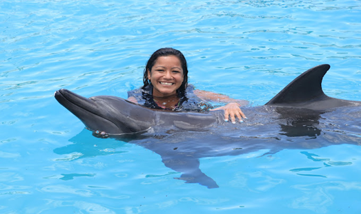 Woman swimming with a dolphin