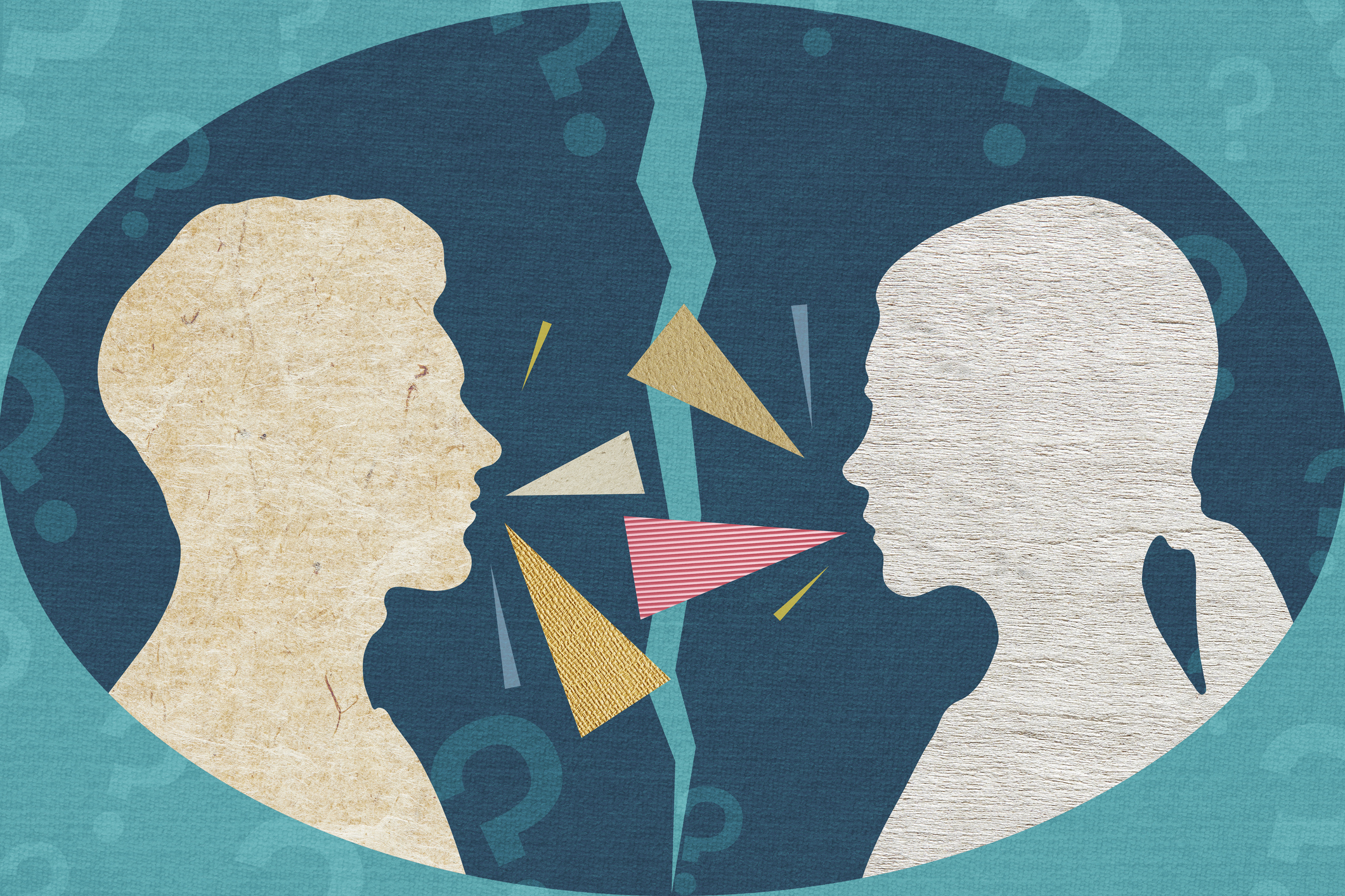 A couple talking to one another with a split between them