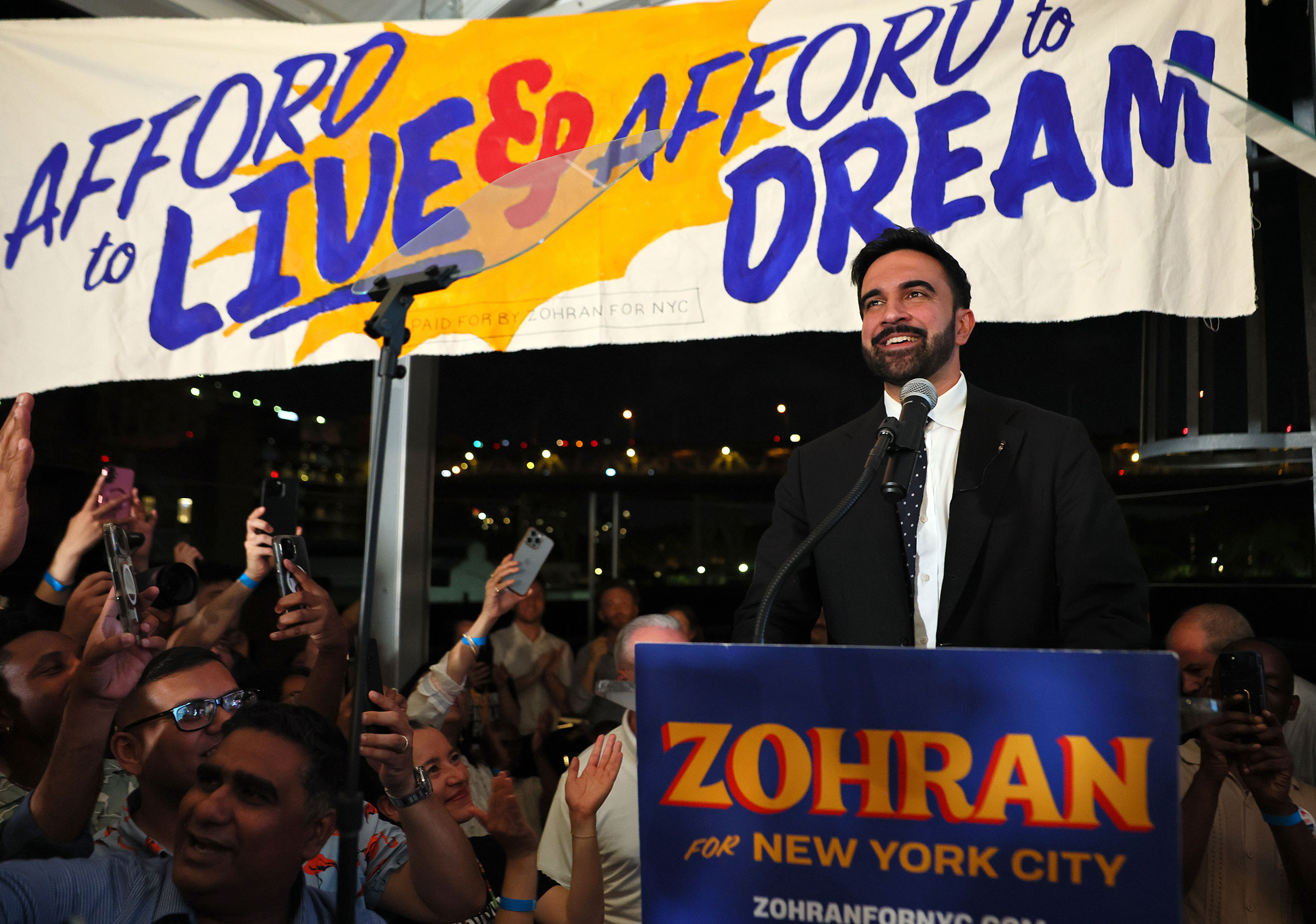 New York mayoral candidate, State Rep. Zohran Mamdani speaks to supporters during an election night gathering on June 24, 2025.