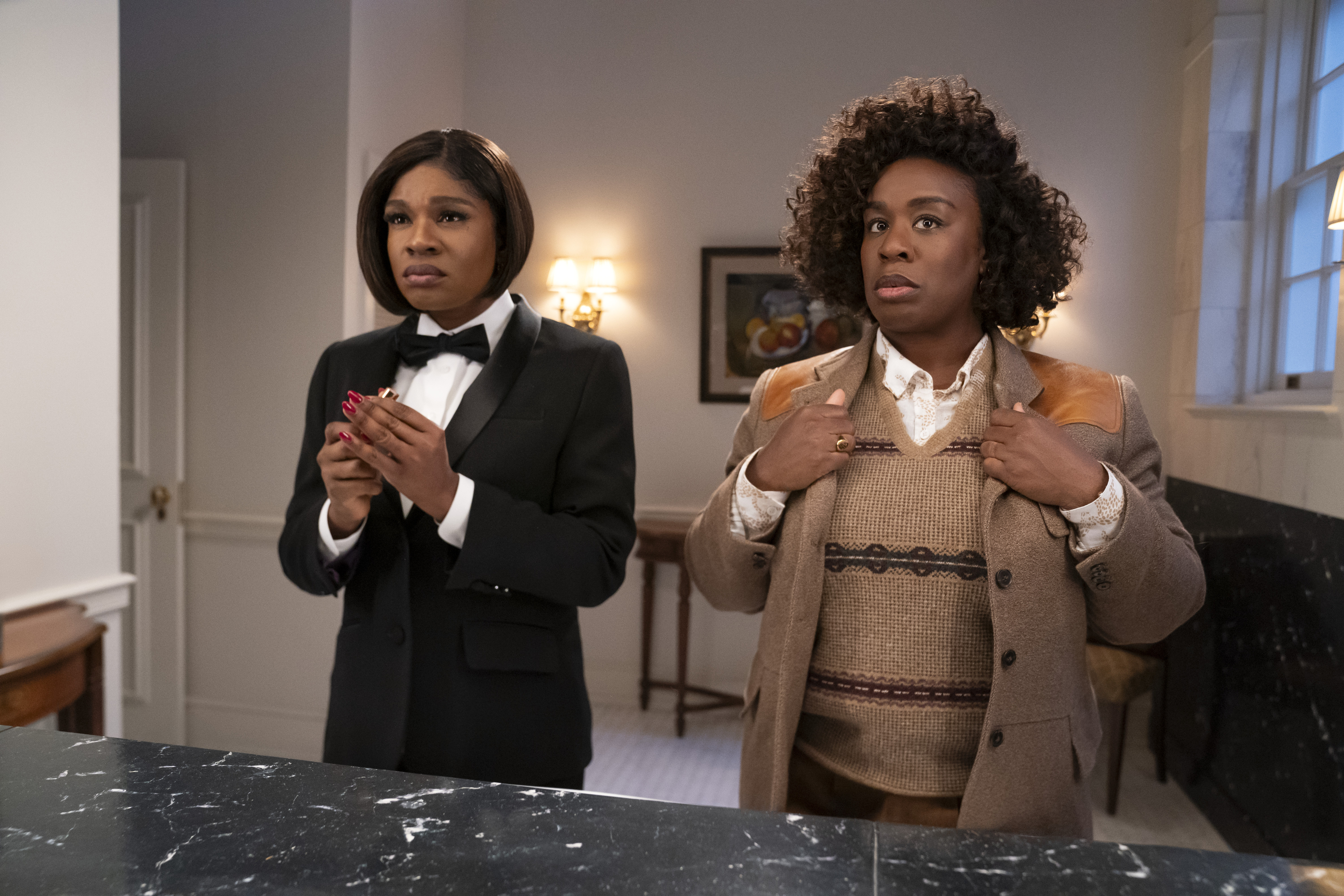 The Residence. (L to R) Edwina Findley as Sheila Cannon, Uzo Aduba as Cordelia Cupp in episode 103 of The Residence. Cr. Jessica Brooks/Netflix © 2024