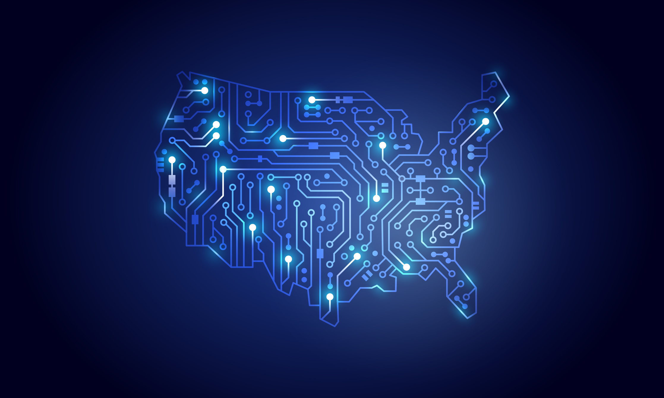 Circuit chip board technology USA map neon shape concept background. Vector illustration.