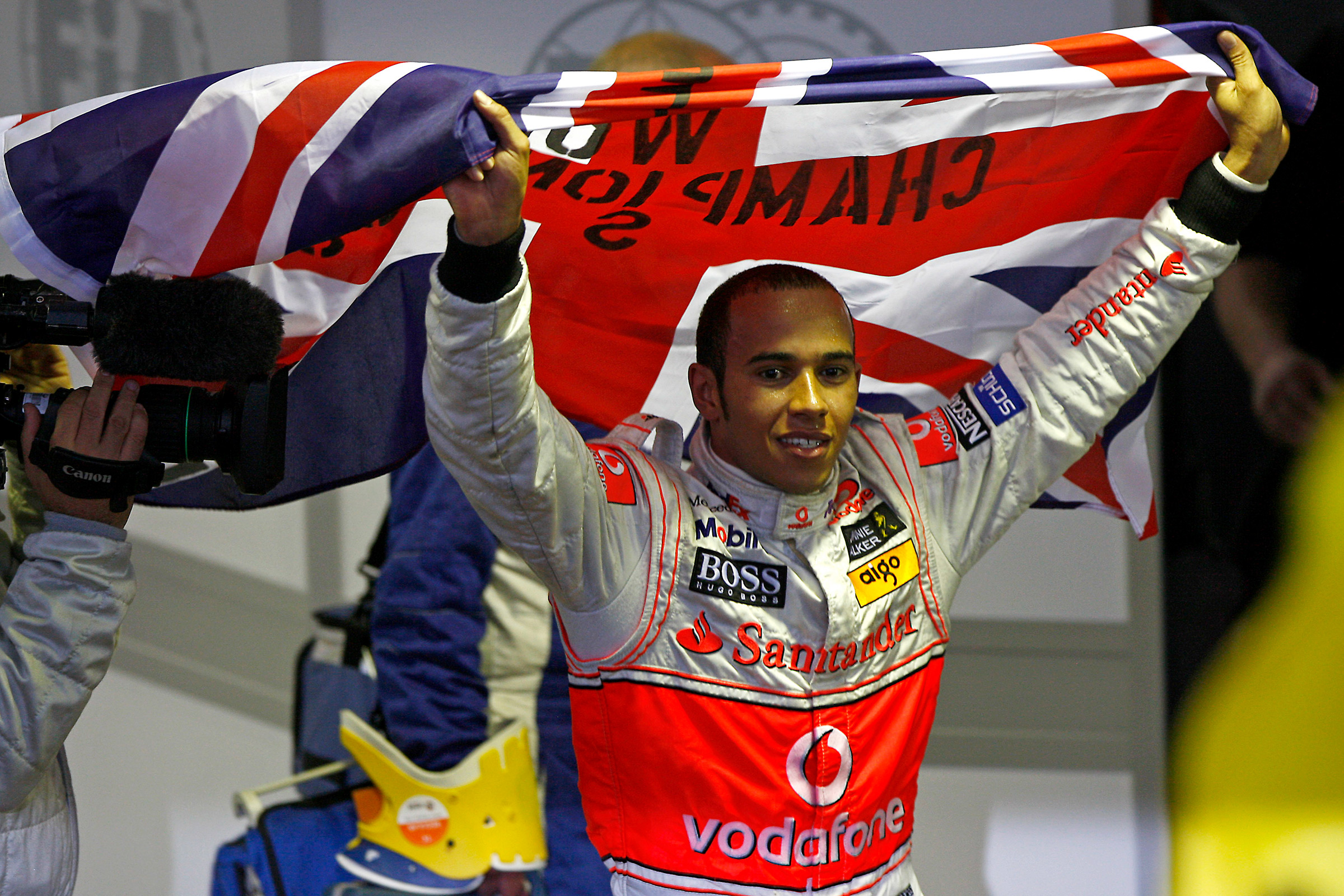 Lewis Hamilton celebrates his champion at the Brazilian Grand Prix