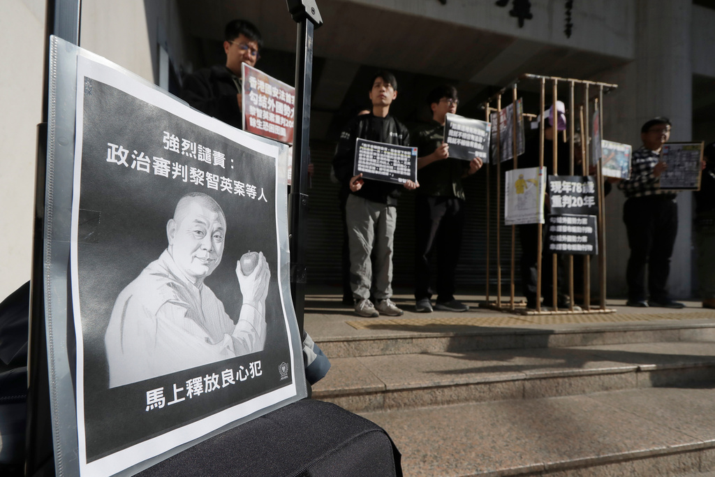 Hong Kong activists and supporters gather in support of Hong Kong activist publisher Jimmy Lai in Taipei, Taiwan, on Feb. 10, 2026.