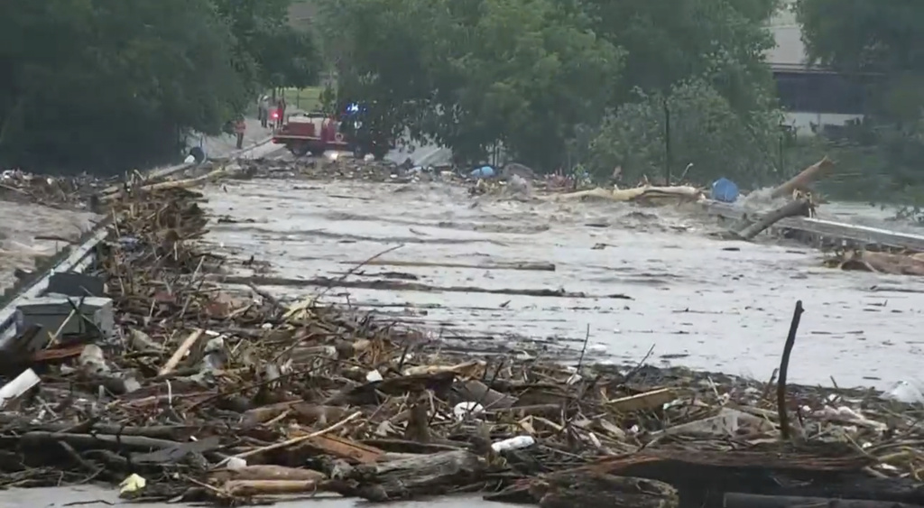 Water rises from severe flooding along the Guadalupe River.in Kerr County, Texas on Friday, July 4, 2025.  
