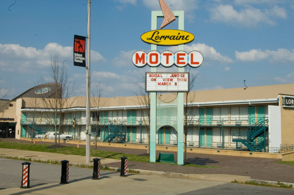 This photo shows thee Lorraine Motel in Memphis where The Rev. Dr. Martin Luther King, Jr. was assassinated in April 1968. The motel has turquoise doors. 