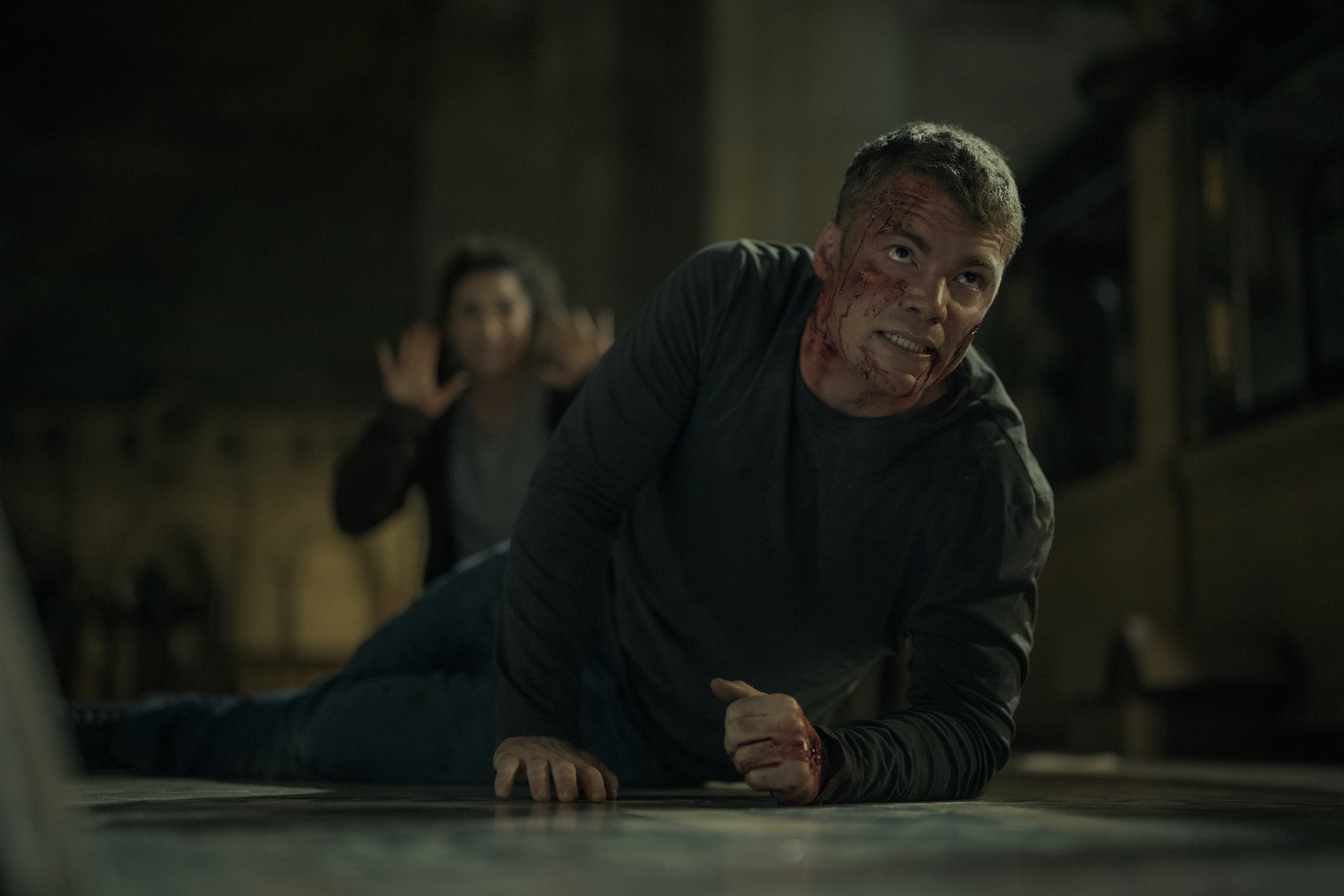 The Night Agent. (L to R) Michaela Watkins as Freya, Gabriel Basso as Peter Sutherland in episode 310 of The Night Agent. Cr. Christopher Saunders/Netflix &copy; 2026