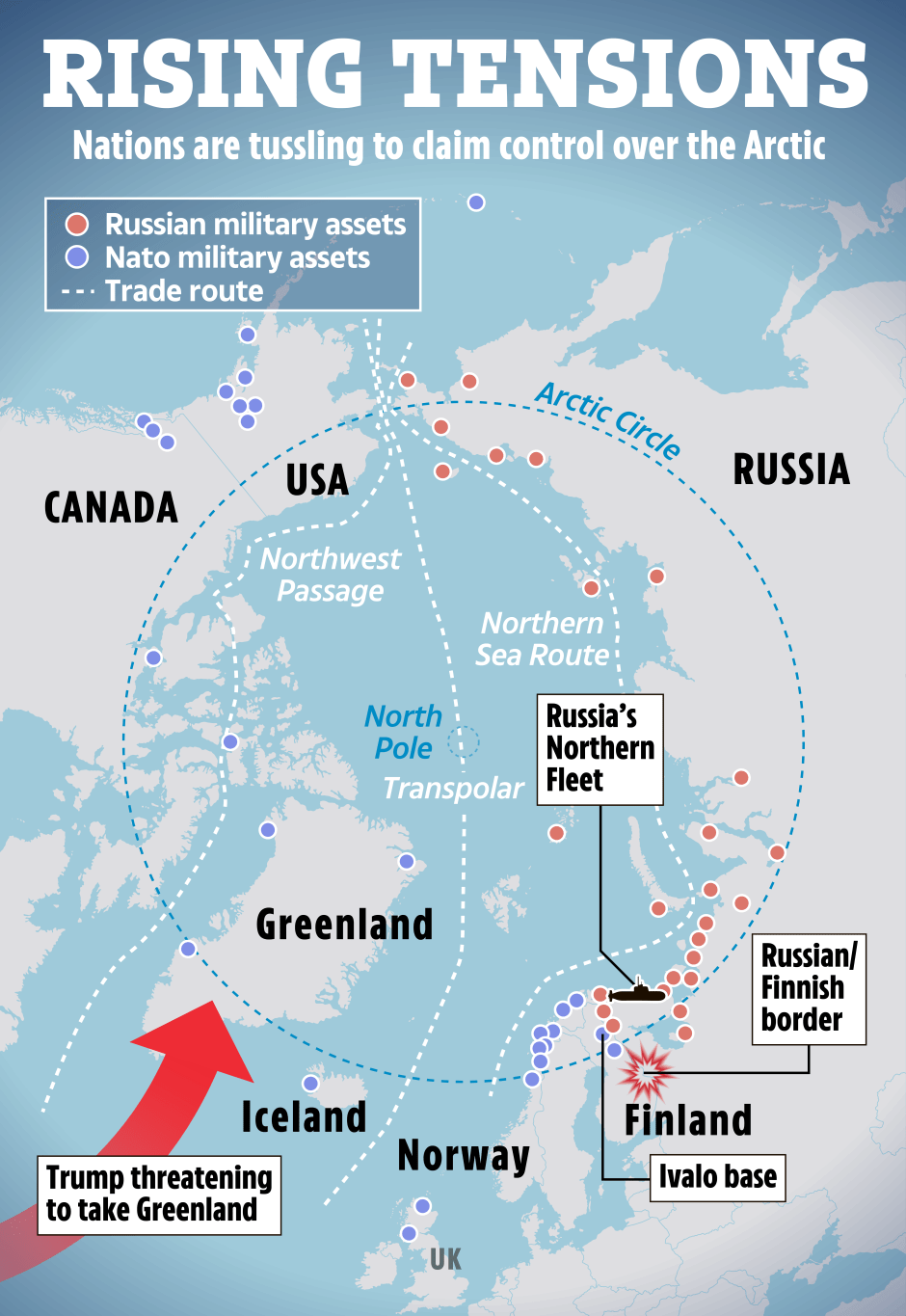 Illustration of Arctic map showing rising tensions between nations.