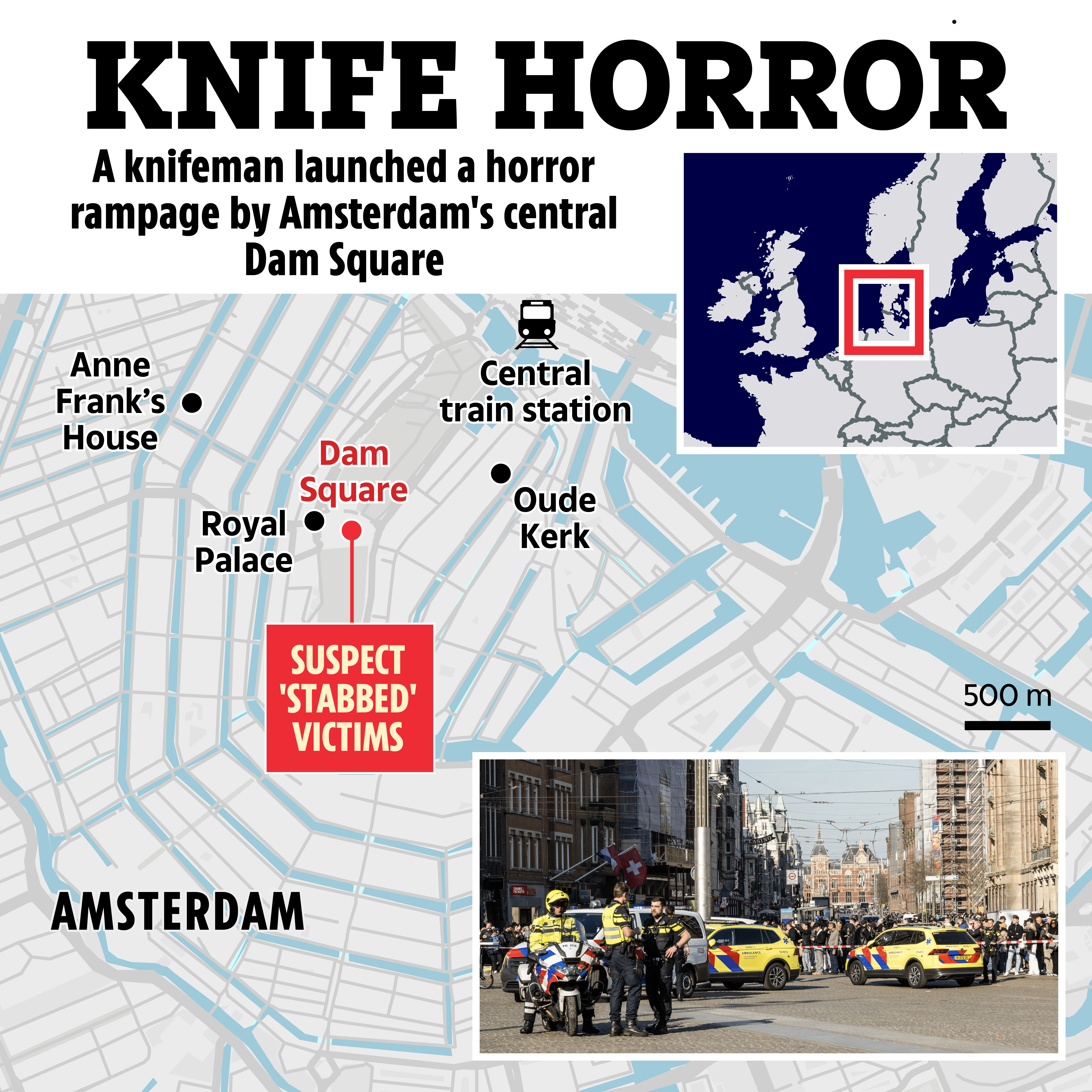 Map of Amsterdam showing the location of a knife attack near Dam Square.