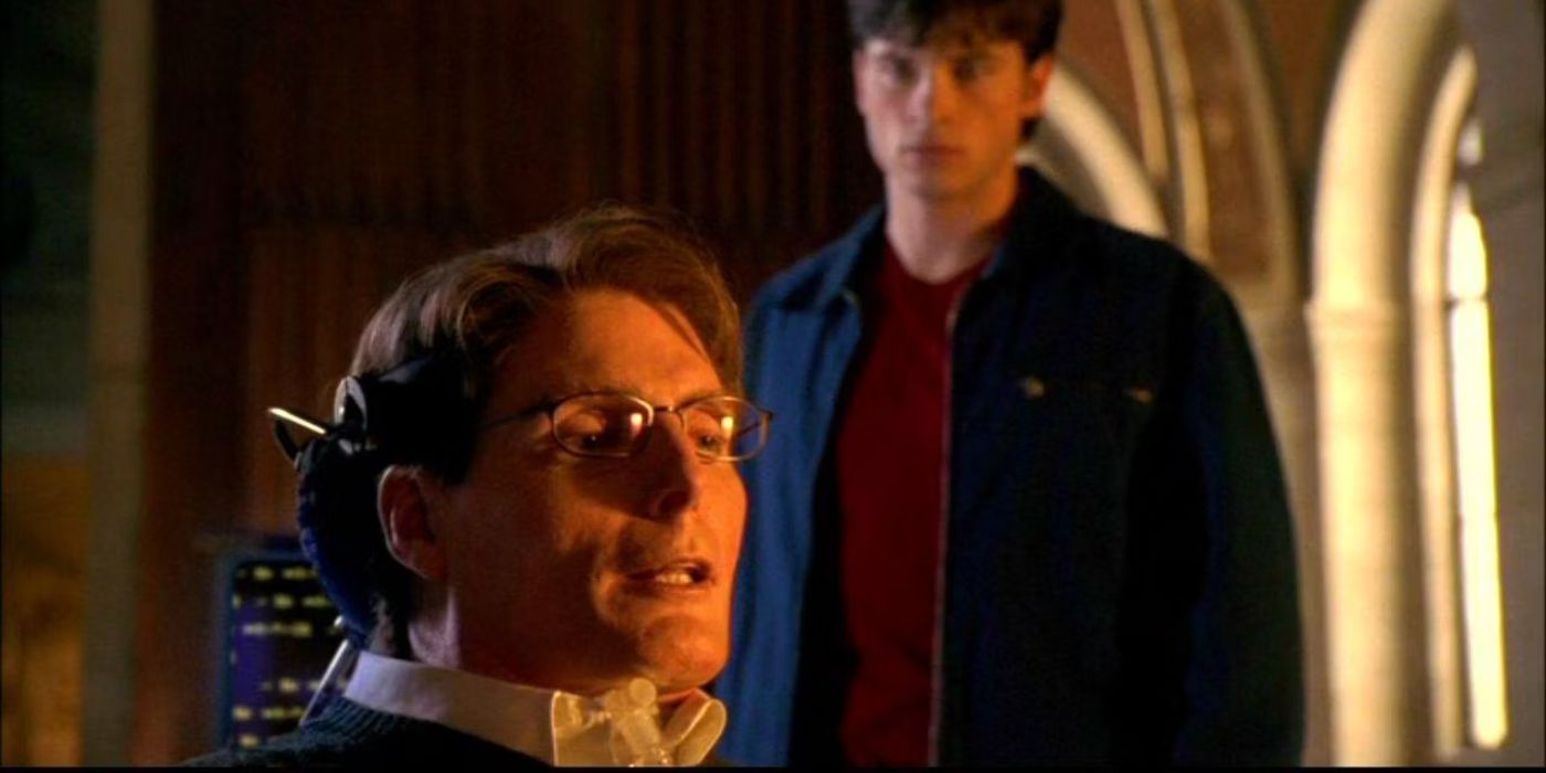 Christopher Reeve and Tom Welling as Virgil Swann and Clark Kent in Smallville talking