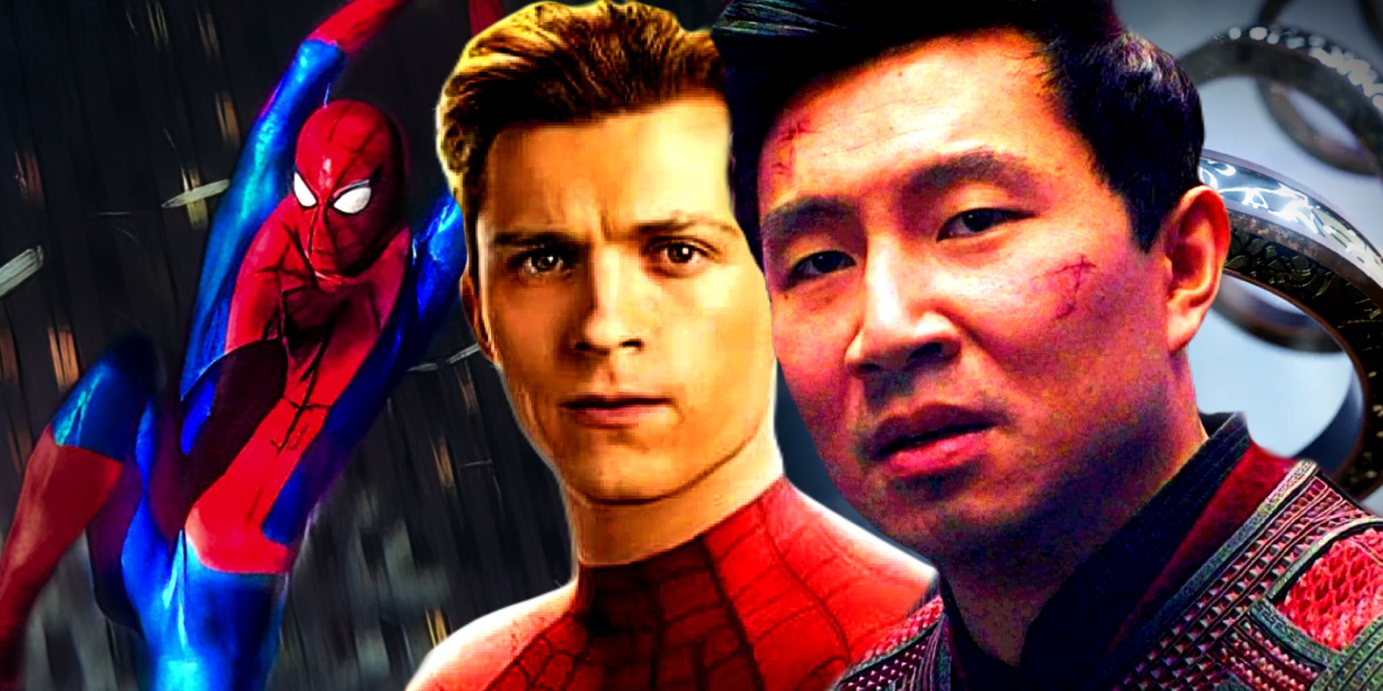 Simu Liu's Shang-Chi next to the Ten Rings and Tom Holland's Peter Parker in Spider-Man No Way Home's ending