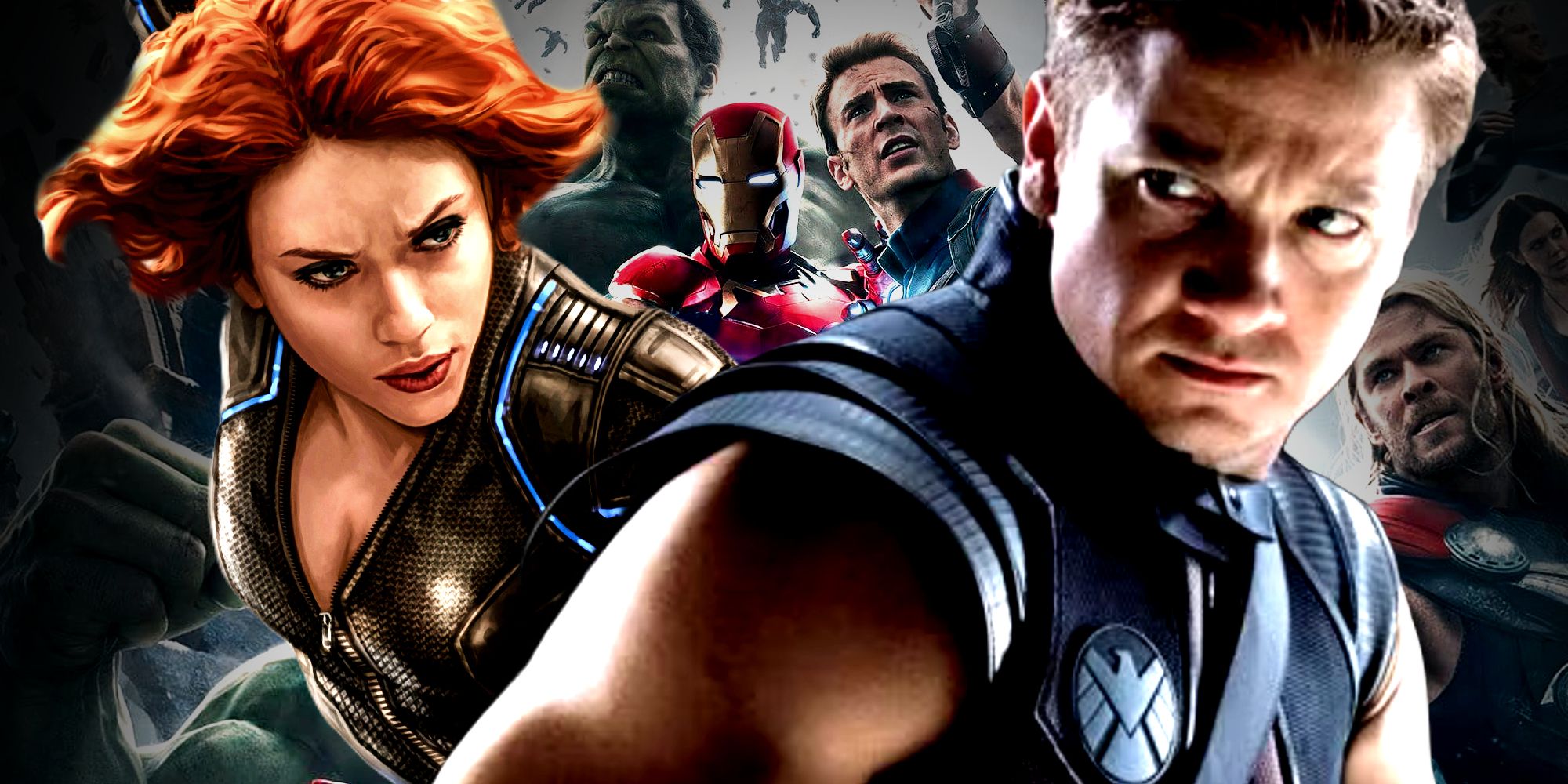 Hawkeye and Black Widow fight in front of the Avengers in Phase 2's Age of Ultron