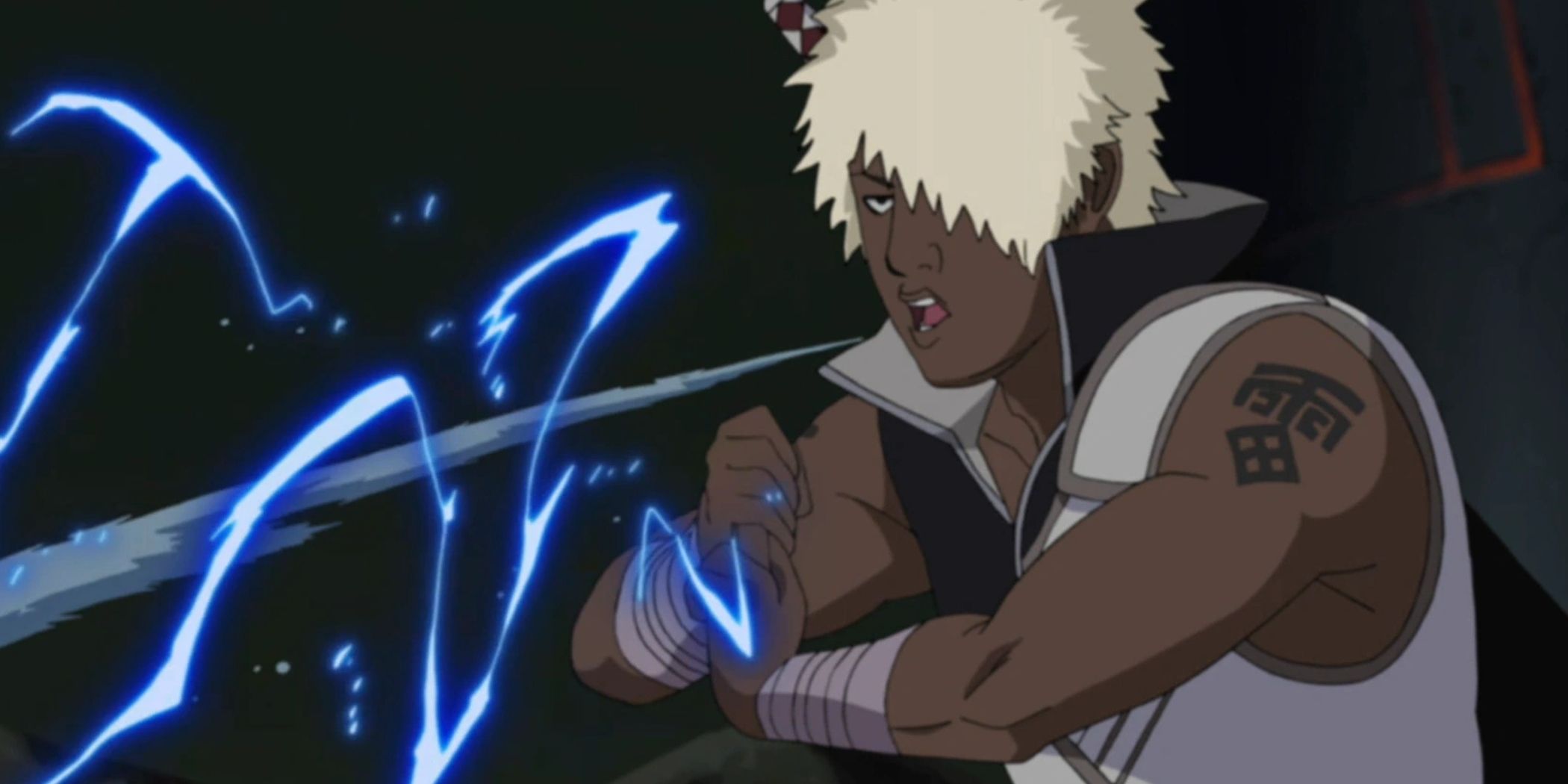 Darui using a lightning jutsu in a screenshot from the anime adaptation of Naruto: Shippuden.