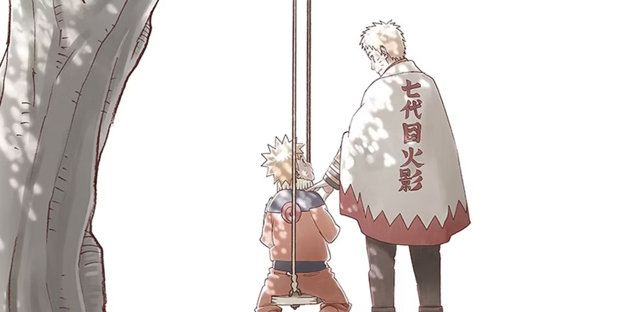 Image from Naruto's 20 anniversary celebration shows an adult Hokage Naruto standing next to the younger version of himself on the lonely swing.