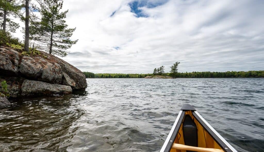 Almost rounding the point on Big Clear Lake on route to campsite #17