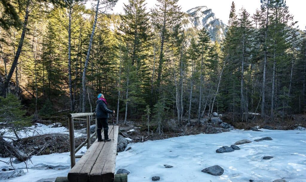Woman admiring the canyon scenery near Canmore from a bridge over Heart Creek