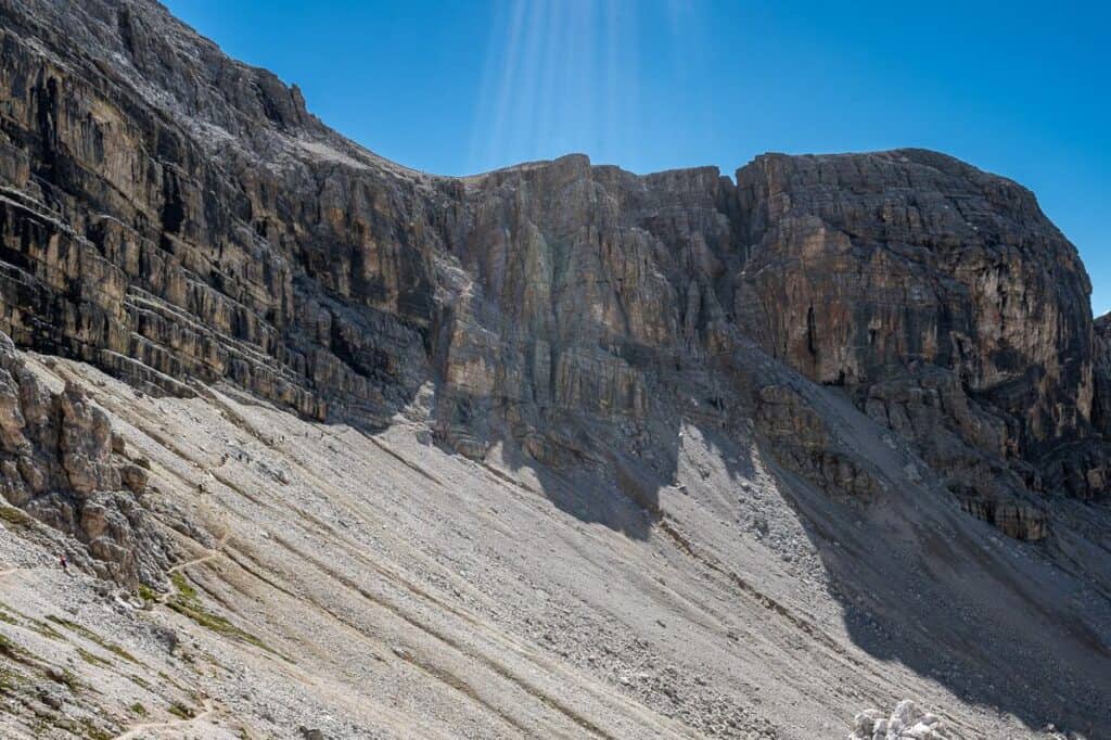 Looking across from the saddle to the Nives Scharte notch we'll end up climbing with Via Ferrata gear
