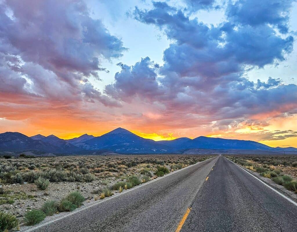 Driving into a sunset in Great Basin National Park