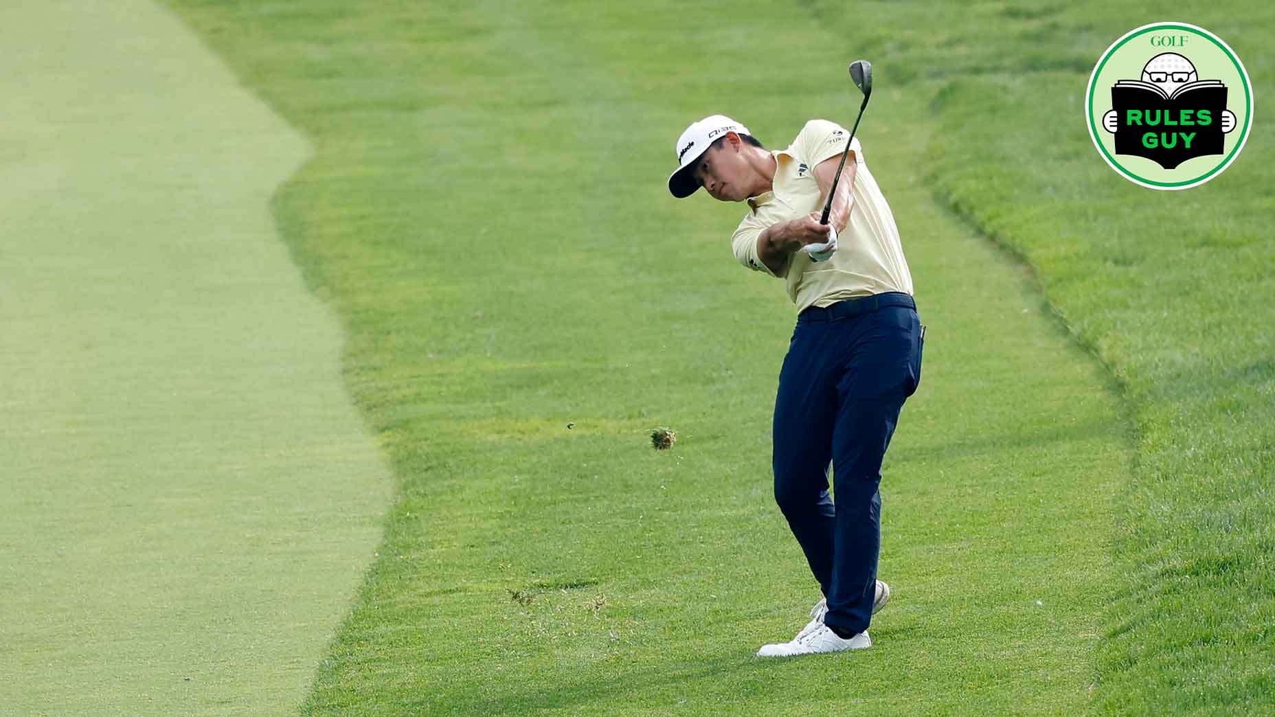 Collin Morikawa (USA) plays a shot from the first cut of rough at the 17th hole during the second round of the Memorial Tournament presented by Workday 2025 on May 30, 2025 at Muirfield Village Golf Club in Dublin, Ohio.