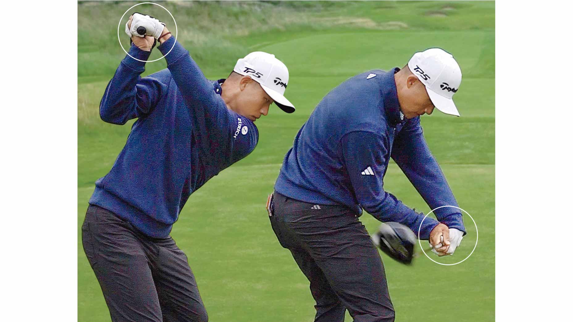 collin korikawa at the tip of the backswing and midway through the downswing