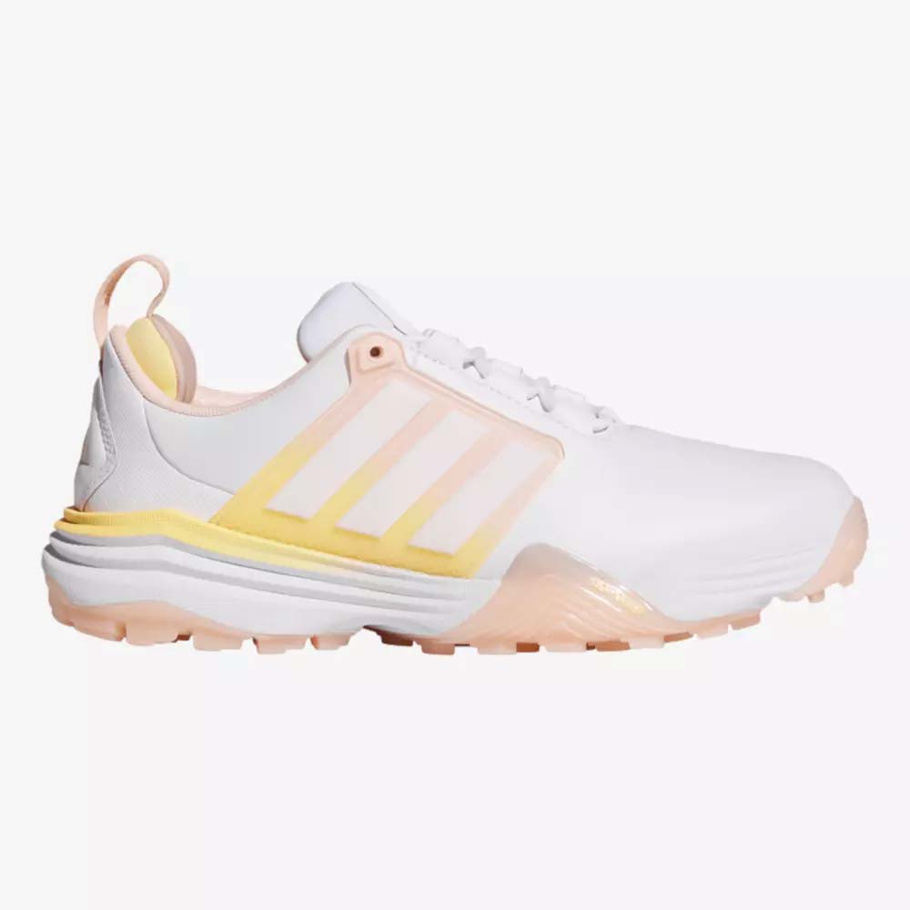 A white athletic shoe with light pink and yellow accents, featuring three pale pink stripes on the side, a textured sole, and a pull tab at the heel&mdash;perfect shoes for both style and comfort.
