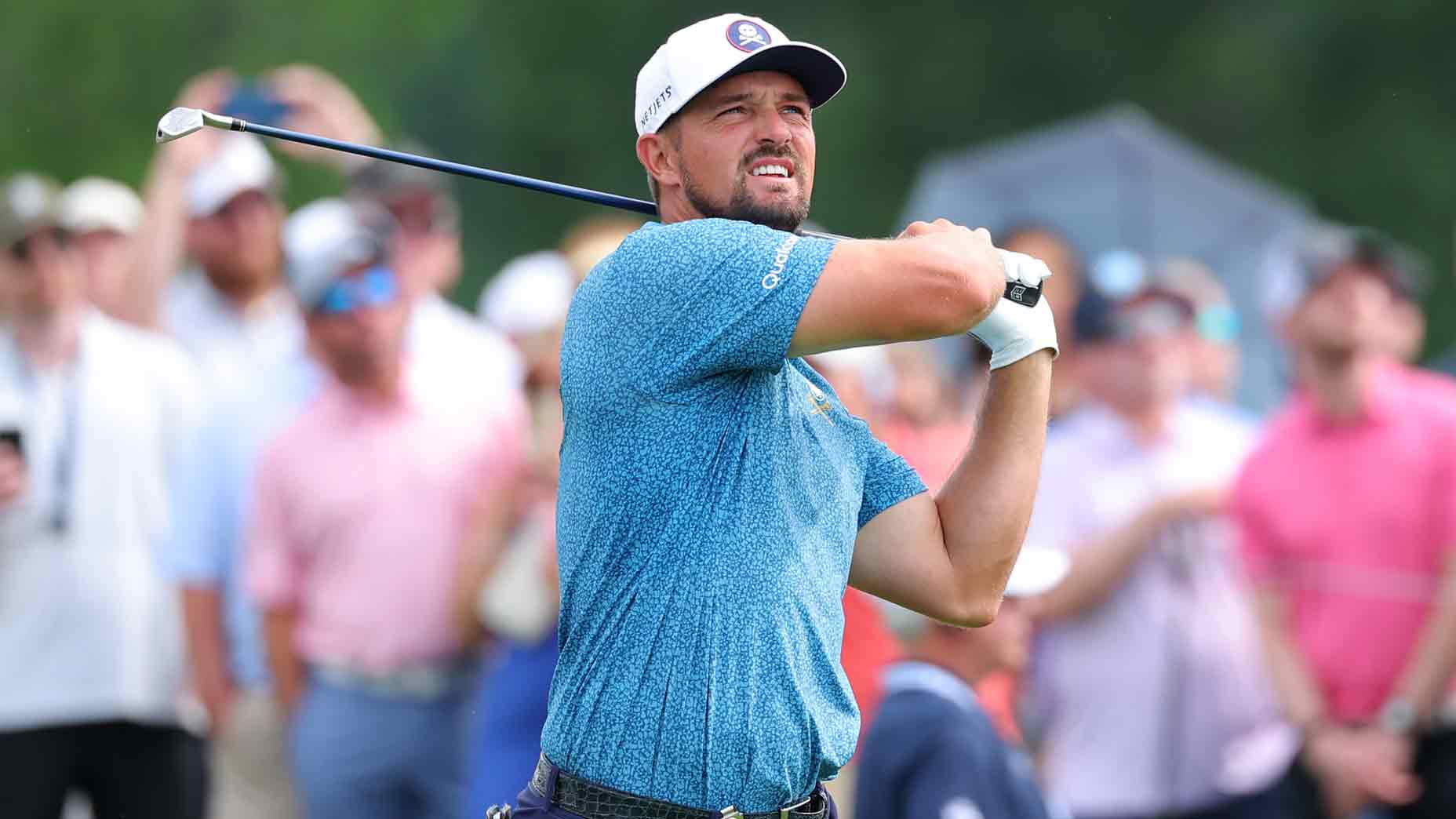 Bryson DeChambeau of the United States watches a tee shot on the 17th hole during the second round of the PGA Championship at Quail Hollow Country Club on May 16, 2025 in Charlotte, North Carolina.