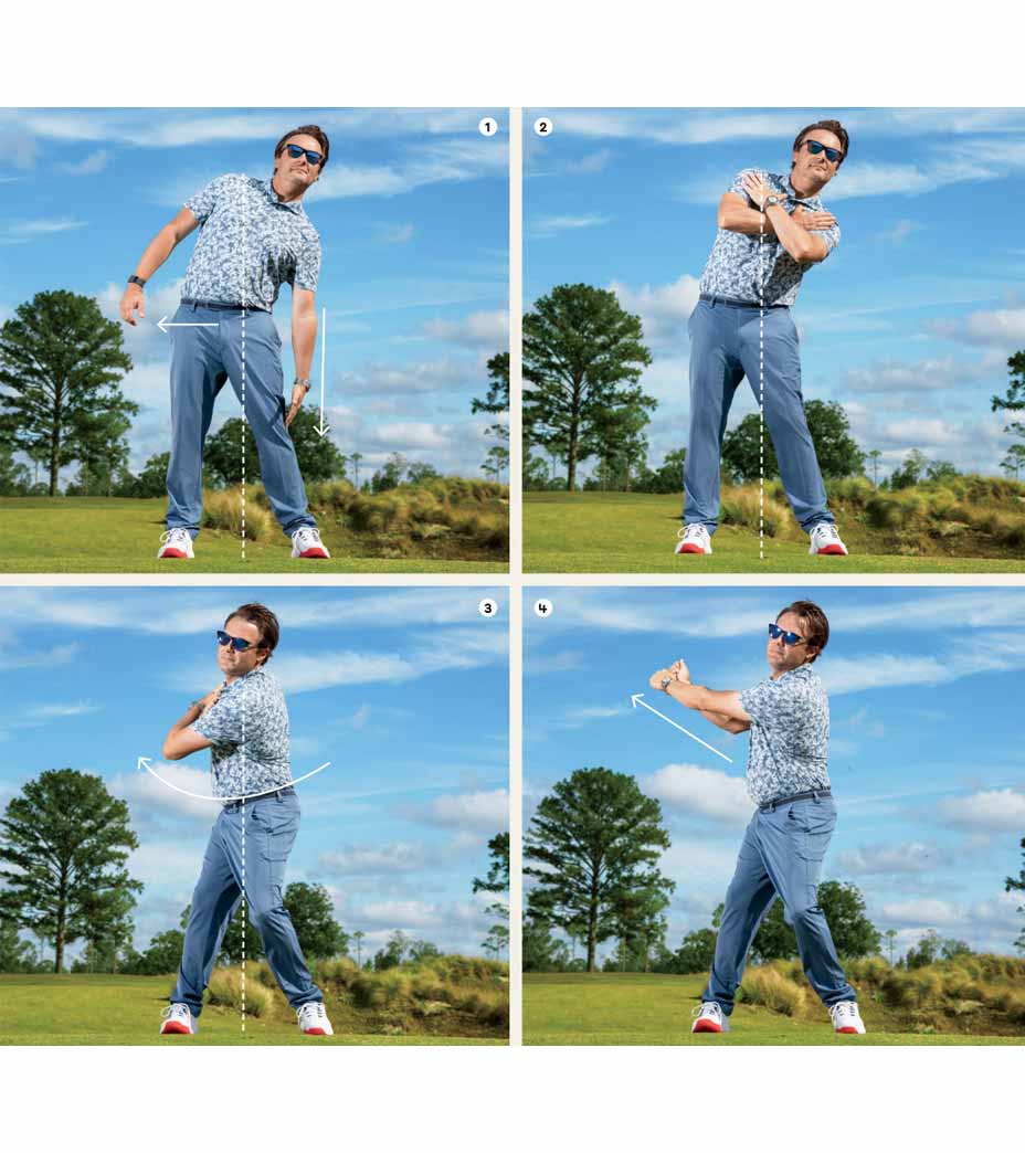 A man in a patterned shirt and blue pants demonstrates a picture perfect golf swing in four steps on a grassy course, with trees and blue sky highlighting each motion and body position, from backswing to follow-through.