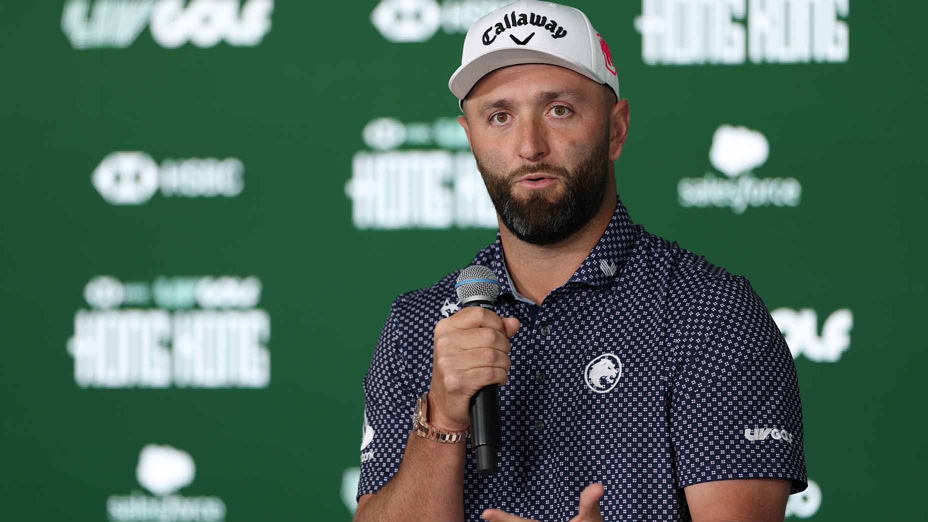 Jon Rahm speaks to media about DP World Tour during his 2026 LIV Golf Hong Kong press conference.
