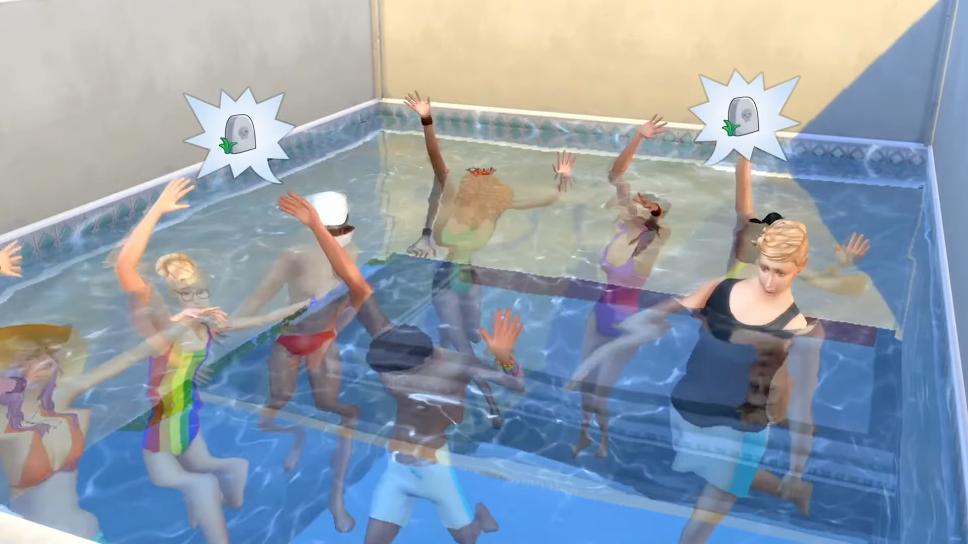 A bunch of Sims drown in a pool with no ladders that is closed off by walls. 