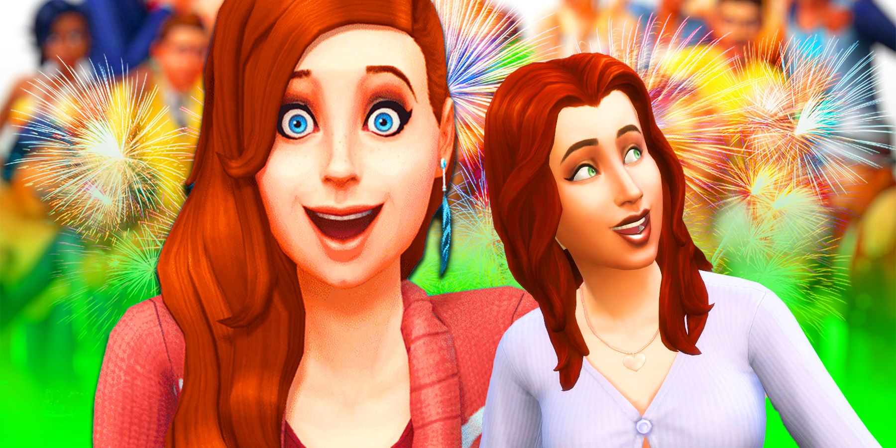 A couple Sims looking happy in front of fireworks.