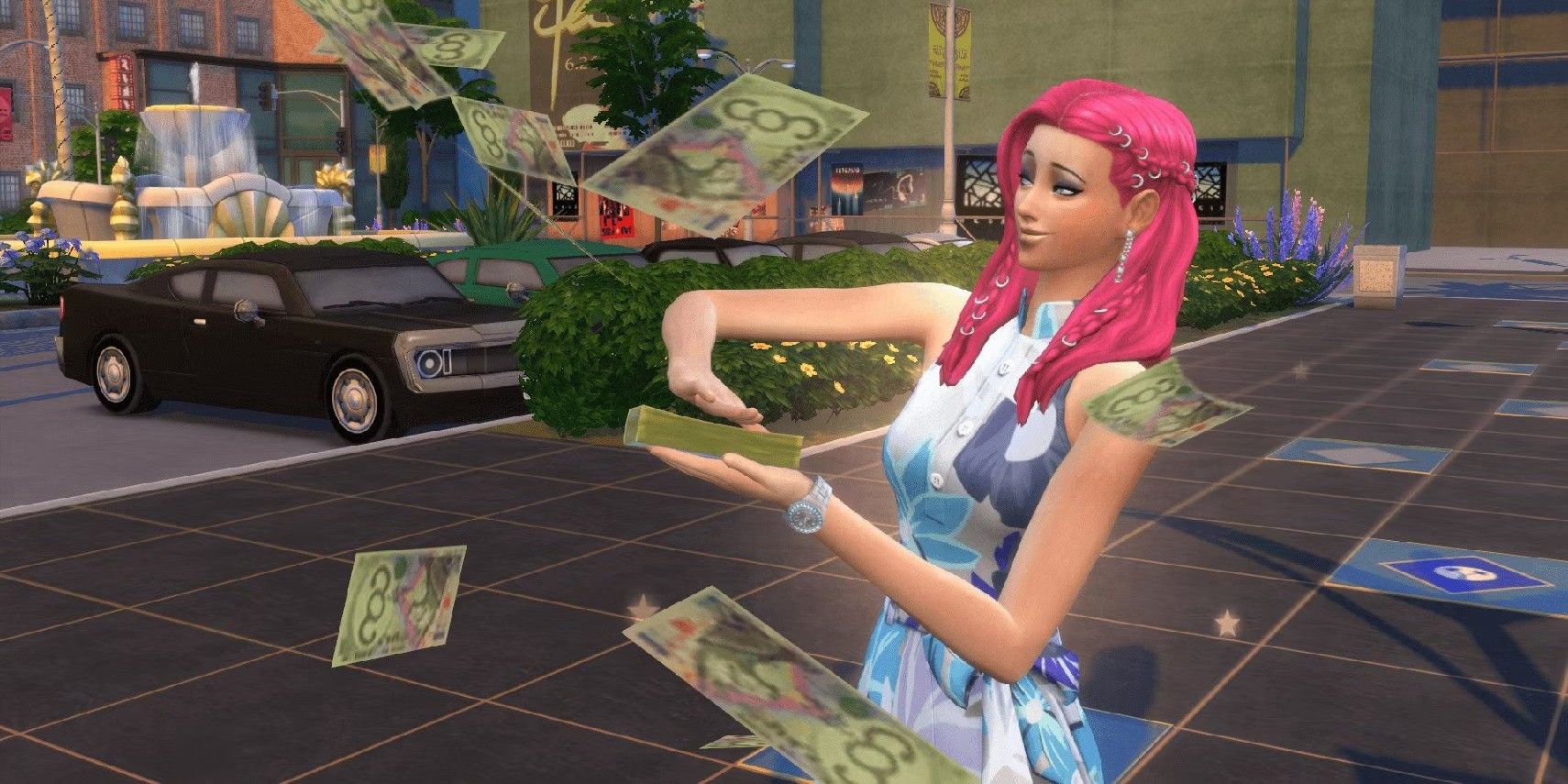 Sims 4 Sim making it rain Simoleons.