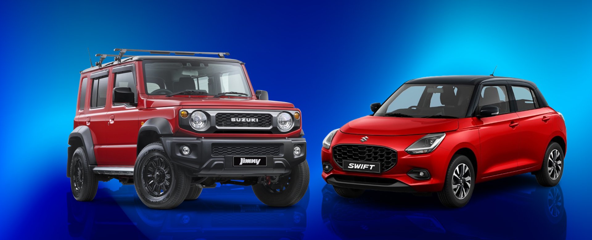 Red Suzuki Jimny and Swift on blue background